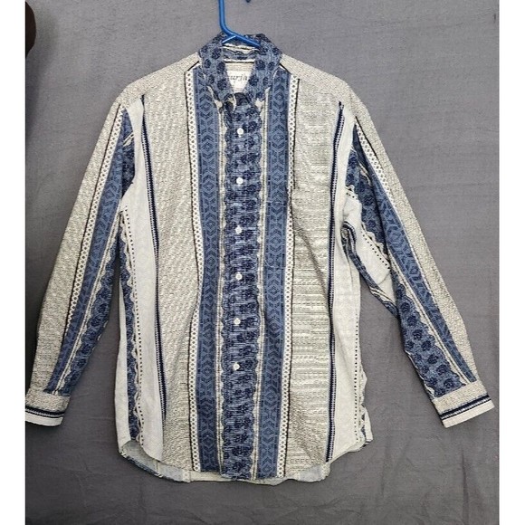 VTG Surjani Mens M Button Down Shirt Blue Tan Southwestern‎ Print 100% Cotton - Picture 1 of 7